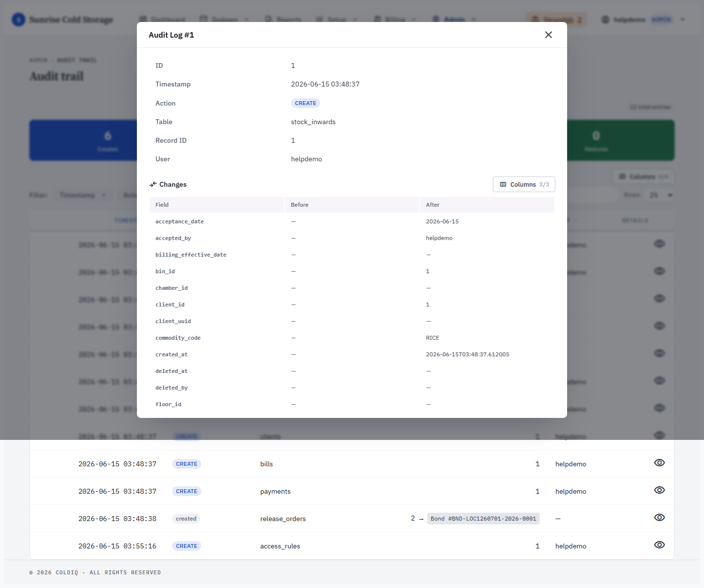 Audit log detail with the before/after diff
