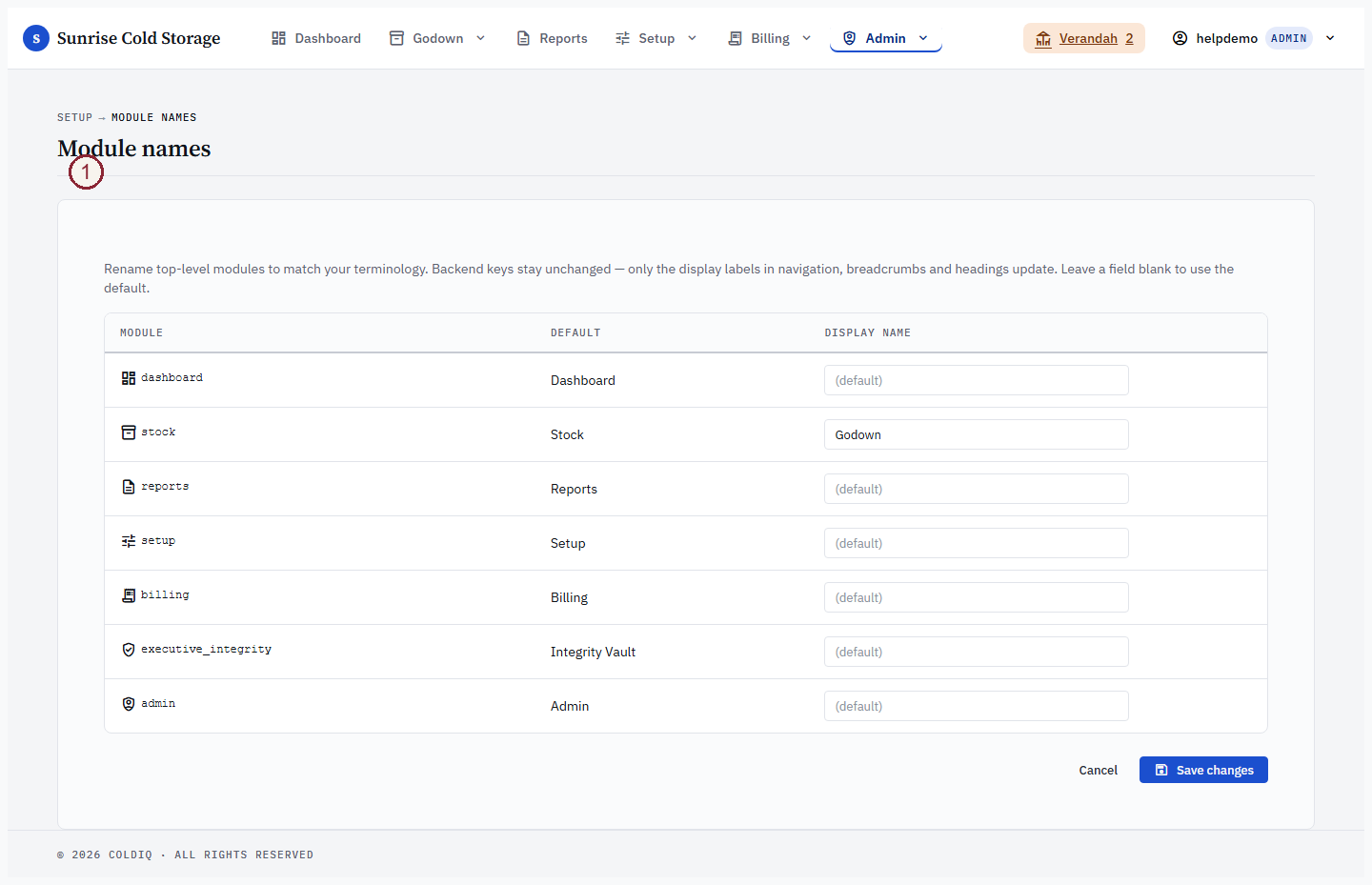 Module Aliases page — per-tenant display-name overrides for nav modules
