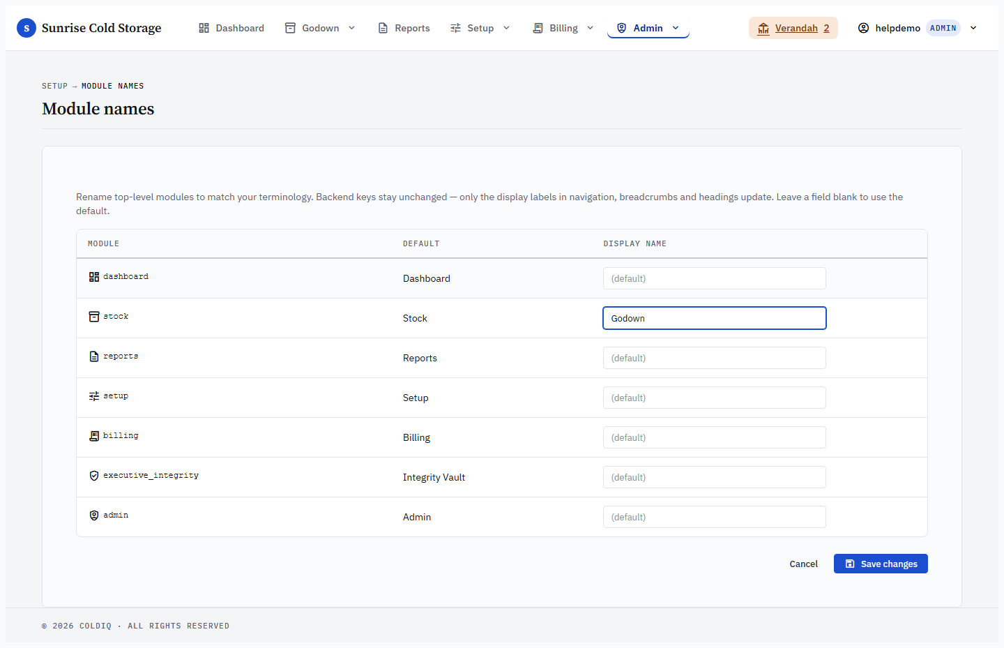 Module alias field filled with a custom display name