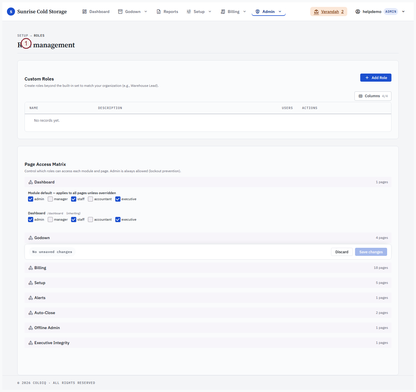 Role configuration — custom roles panel plus the access matrix