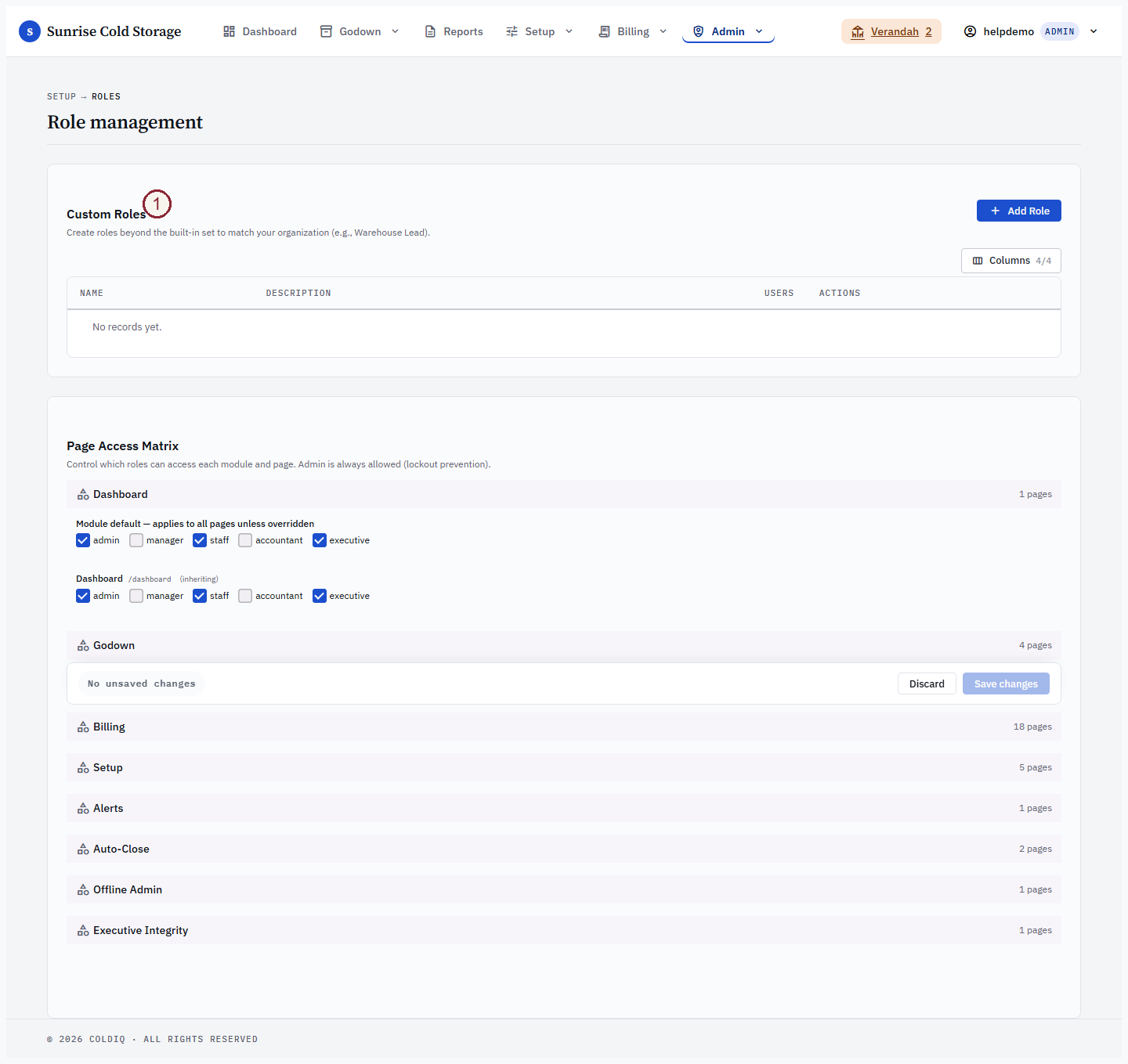 Access matrix — per-page access toggles across roles