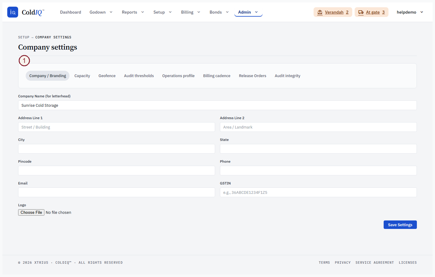 Admin Settings — tab rail with the Company / Branding panel selected