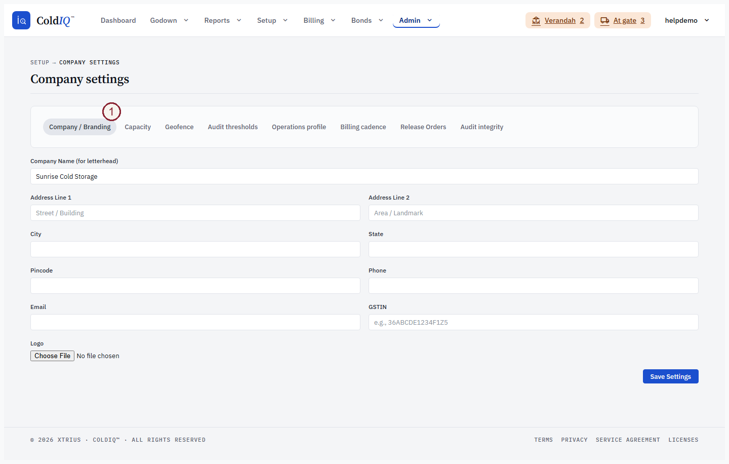 Admin Settings — Company / Branding panel with the letterhead fields