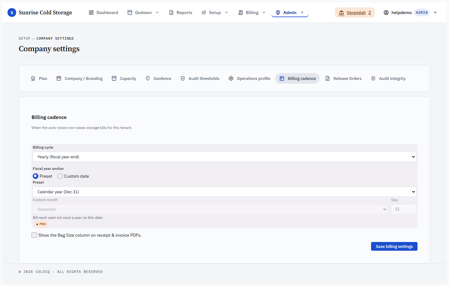 Settings → Billing cadence tab with the billing-cycle picker