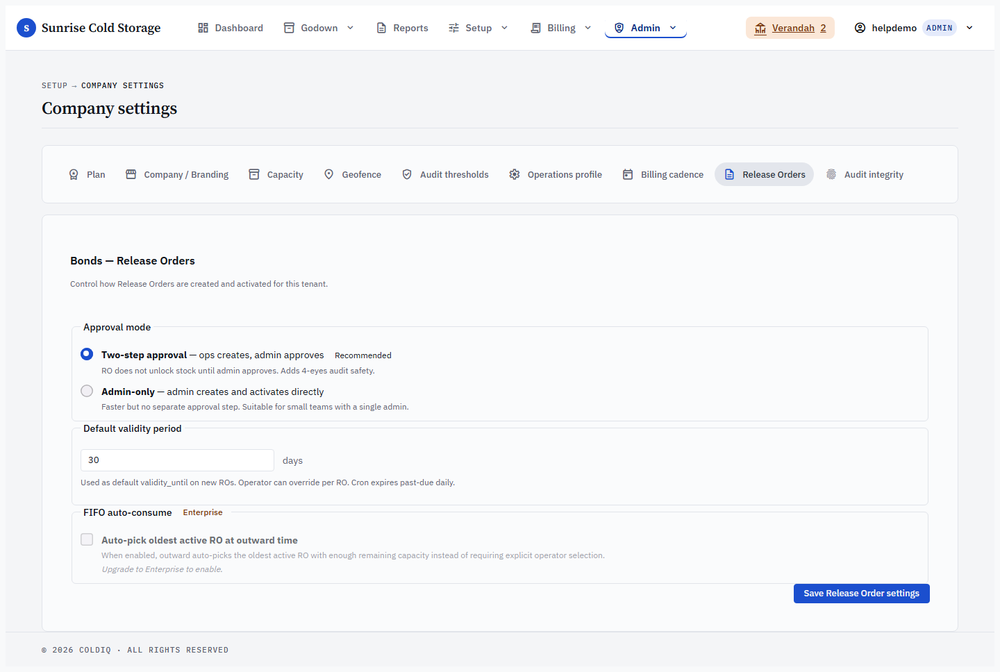 Settings → Release Orders tab