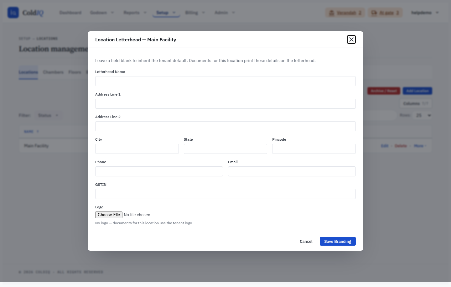 Per-location letterhead editor — name, address, GSTIN and logo that print on this location's documents