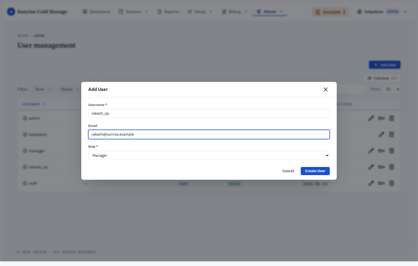 Add-user dialog with username, email and role fields