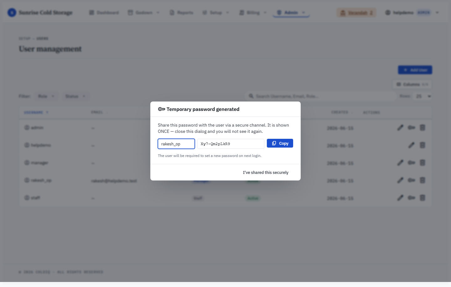 Temporary-password dialog shown once after creating a user