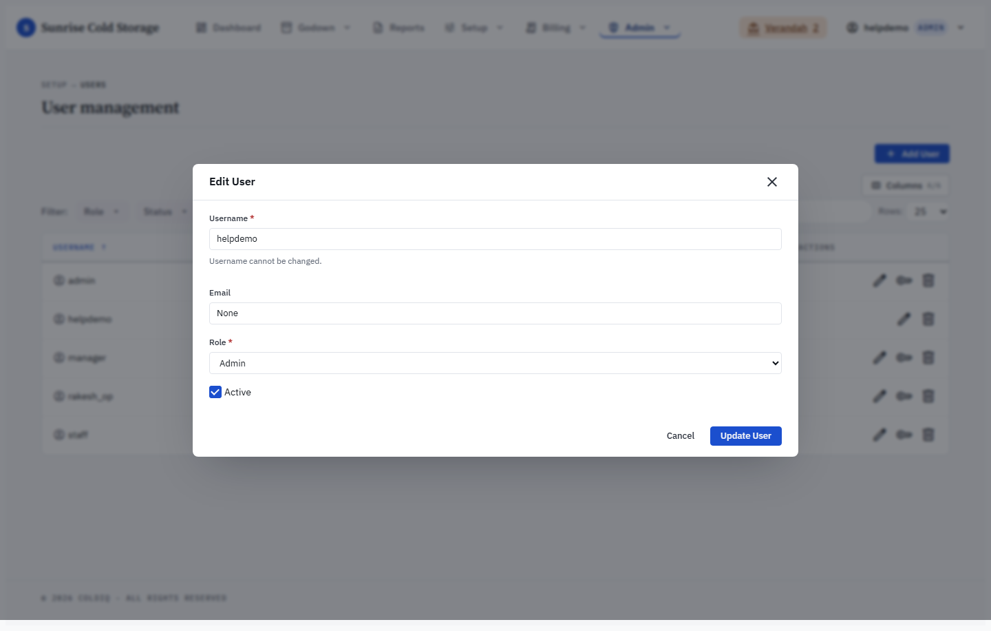 Edit-user dialog for an existing account