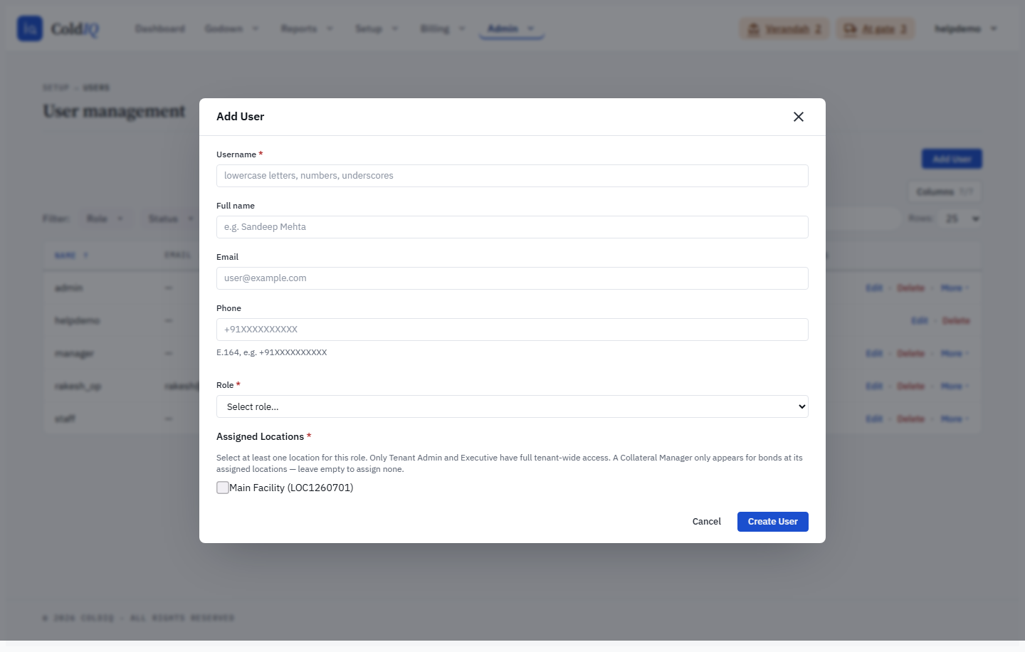 Assigned Locations field on the add-user form — per-user location scope checkboxes