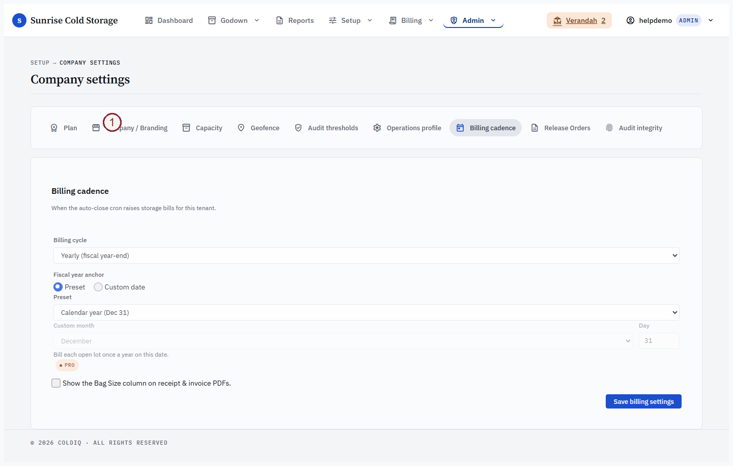 Admin Settings → Billing — the fiscal-year-end picker that drives auto-close