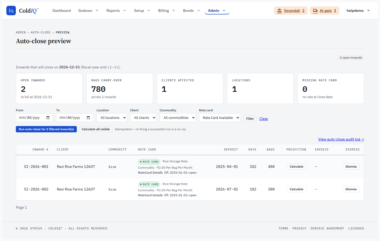Auto-close preview — the inline RateCard Details showing the matched rate card's Level, Rate, and Effective window