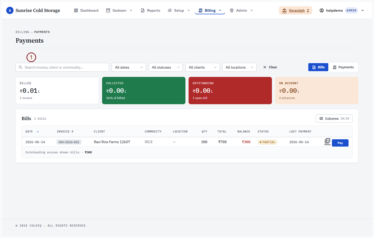 Billing payments ledger — the storage bill and the payment against it