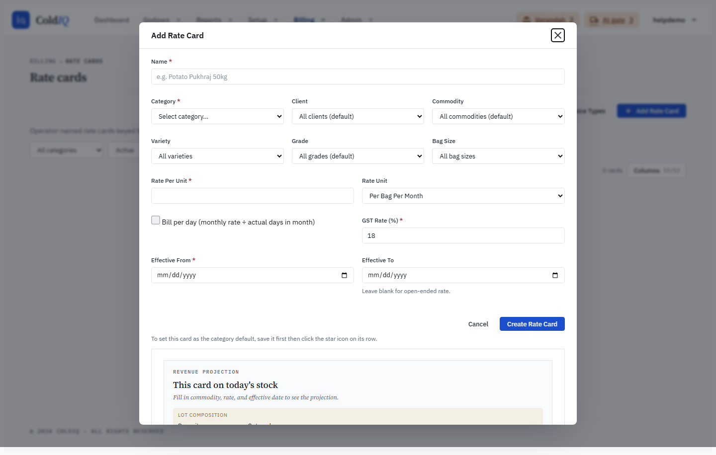 Rate-card form — the Bill-per-day proration toggle on a month-based card