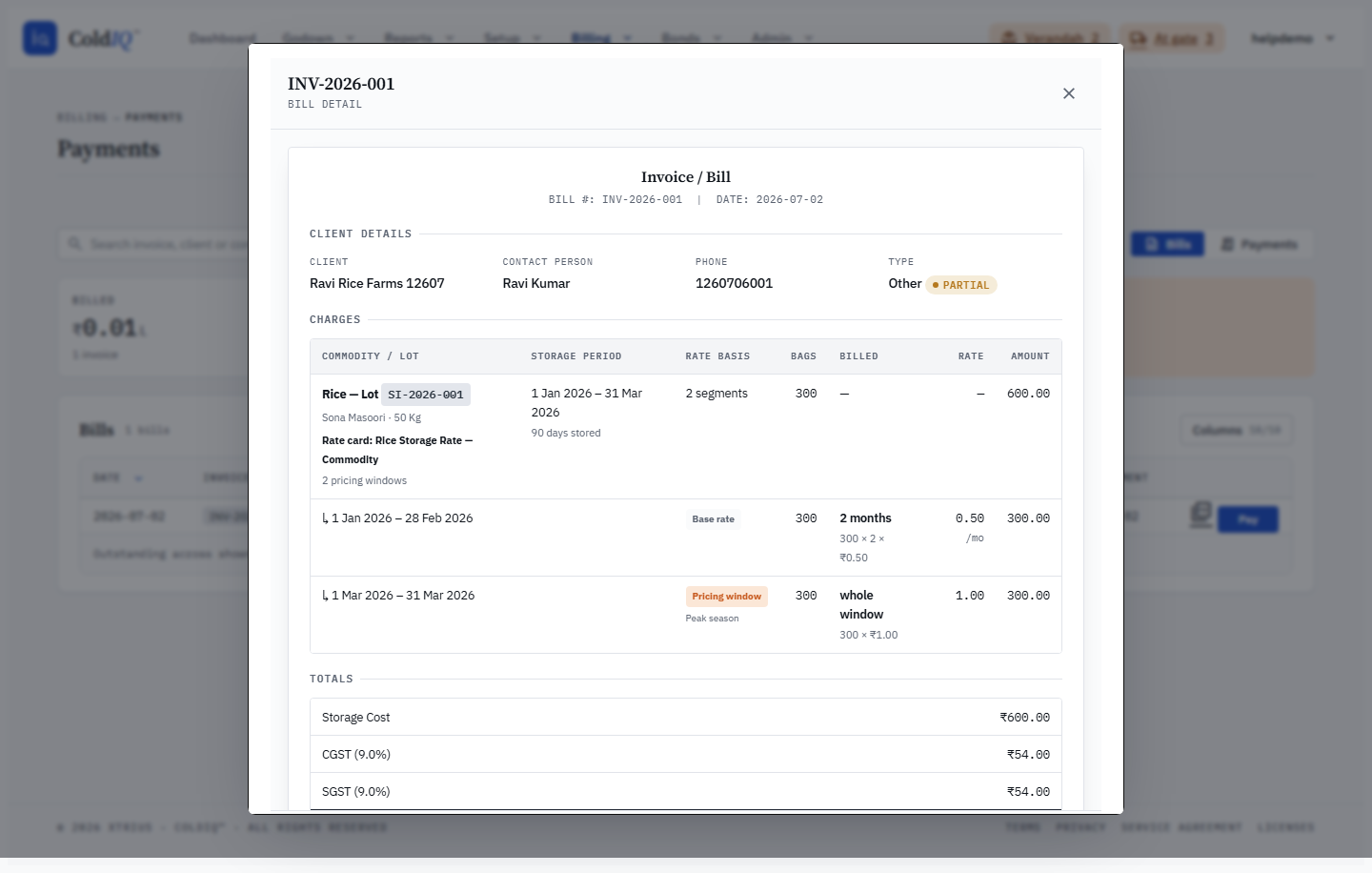 Bill detail — per-pricing-window breakdown block under a storage line