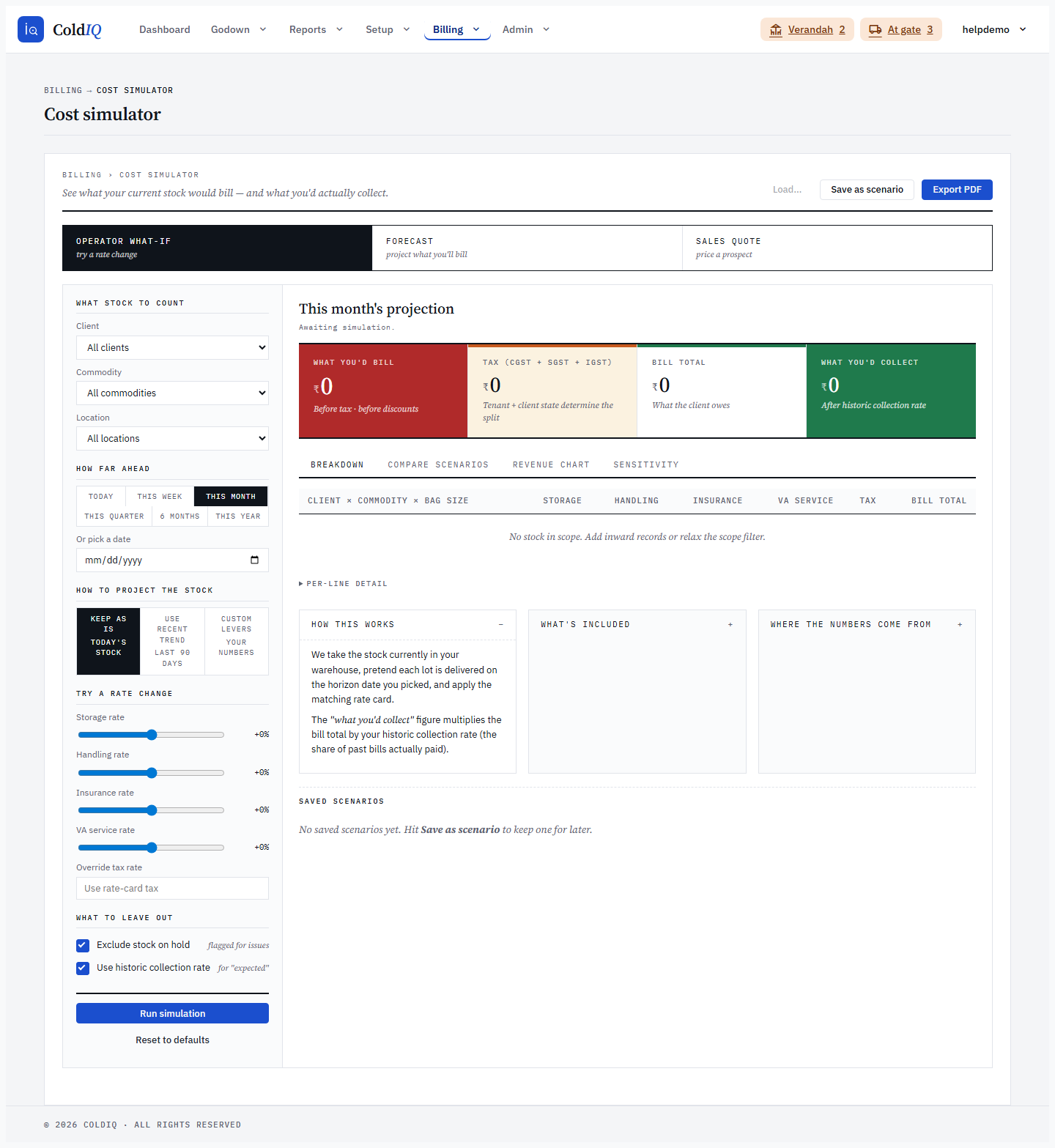 Cost Simulator dashboard — use-case tabs, input rail, and the KPI results strip