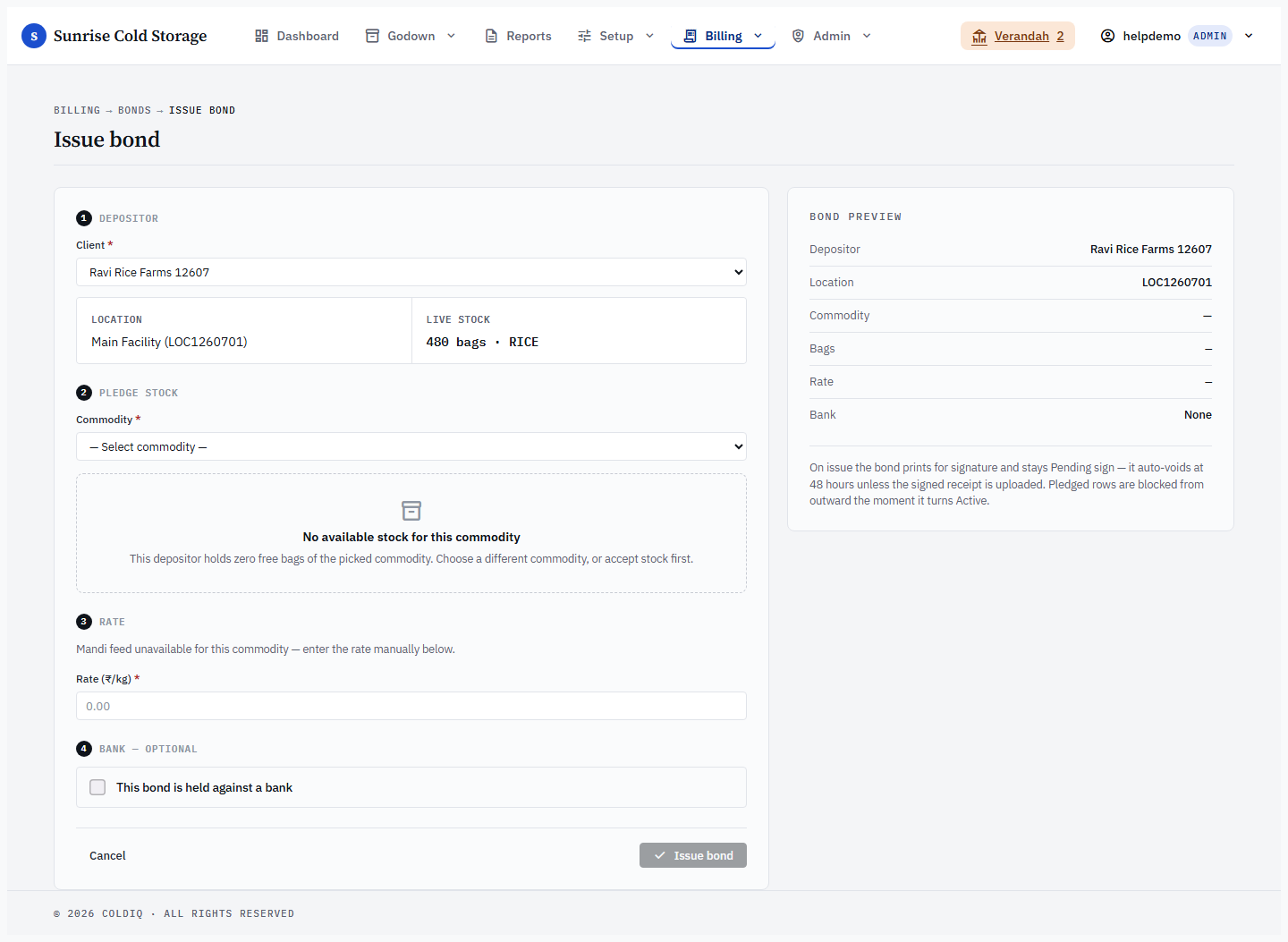 Issue-bond form — bank details and the Issue bond action