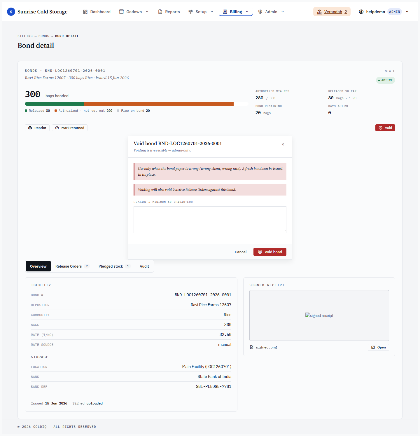 Void-bond confirmation modal with reason field