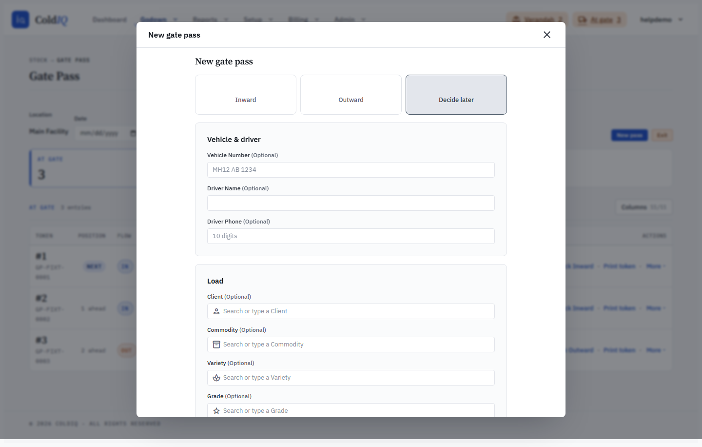 New gate pass capture form — direction selector and all-optional fields in the dialog