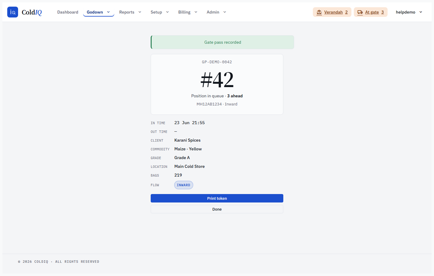 Gate pass created — success card with the driver token, queue position and read-back details