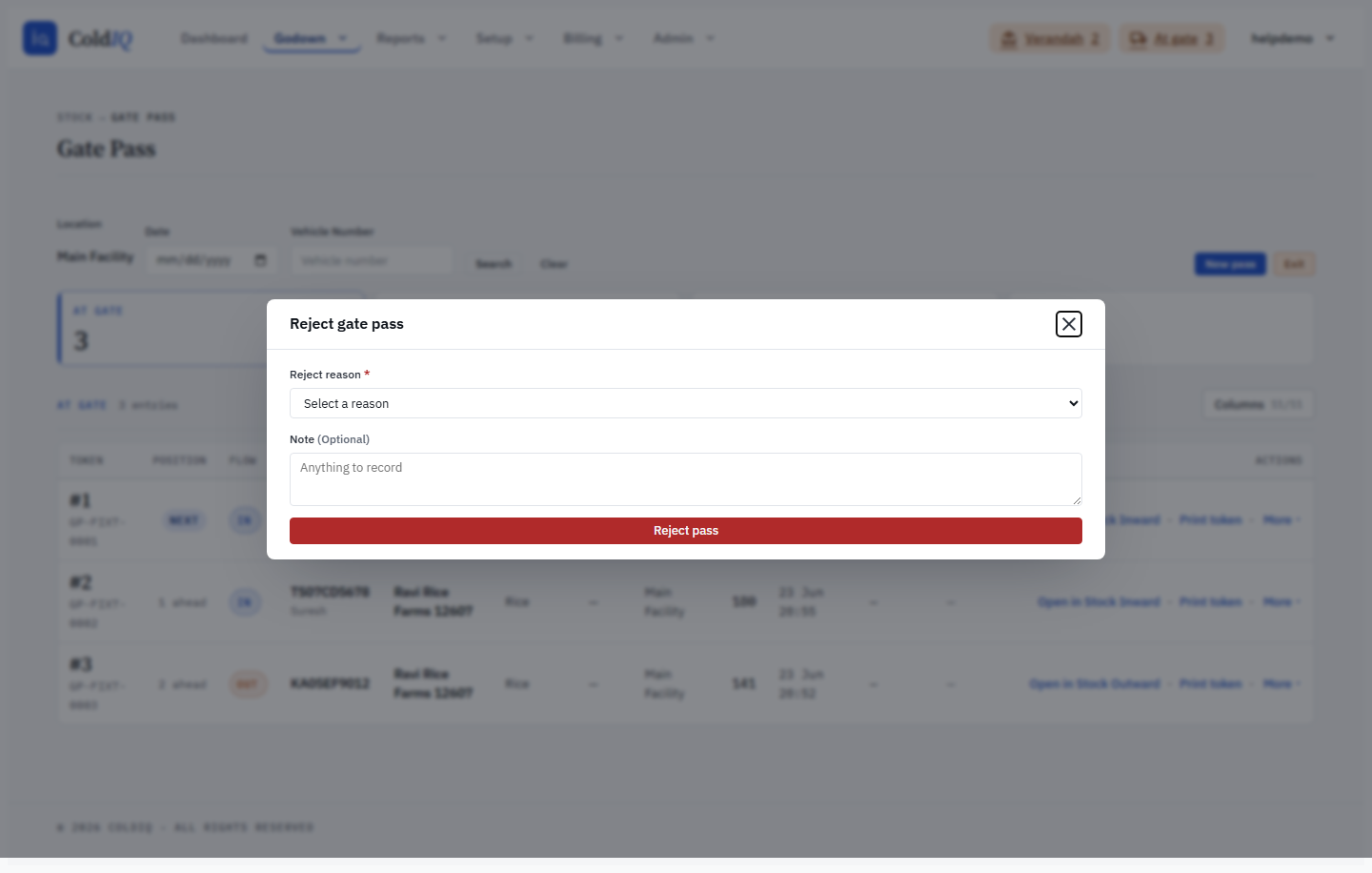 Reject gate pass dialog - reason short-list and an optional note