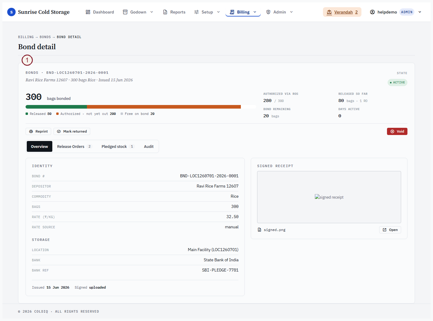 Bond detail page with the inline Release Orders section