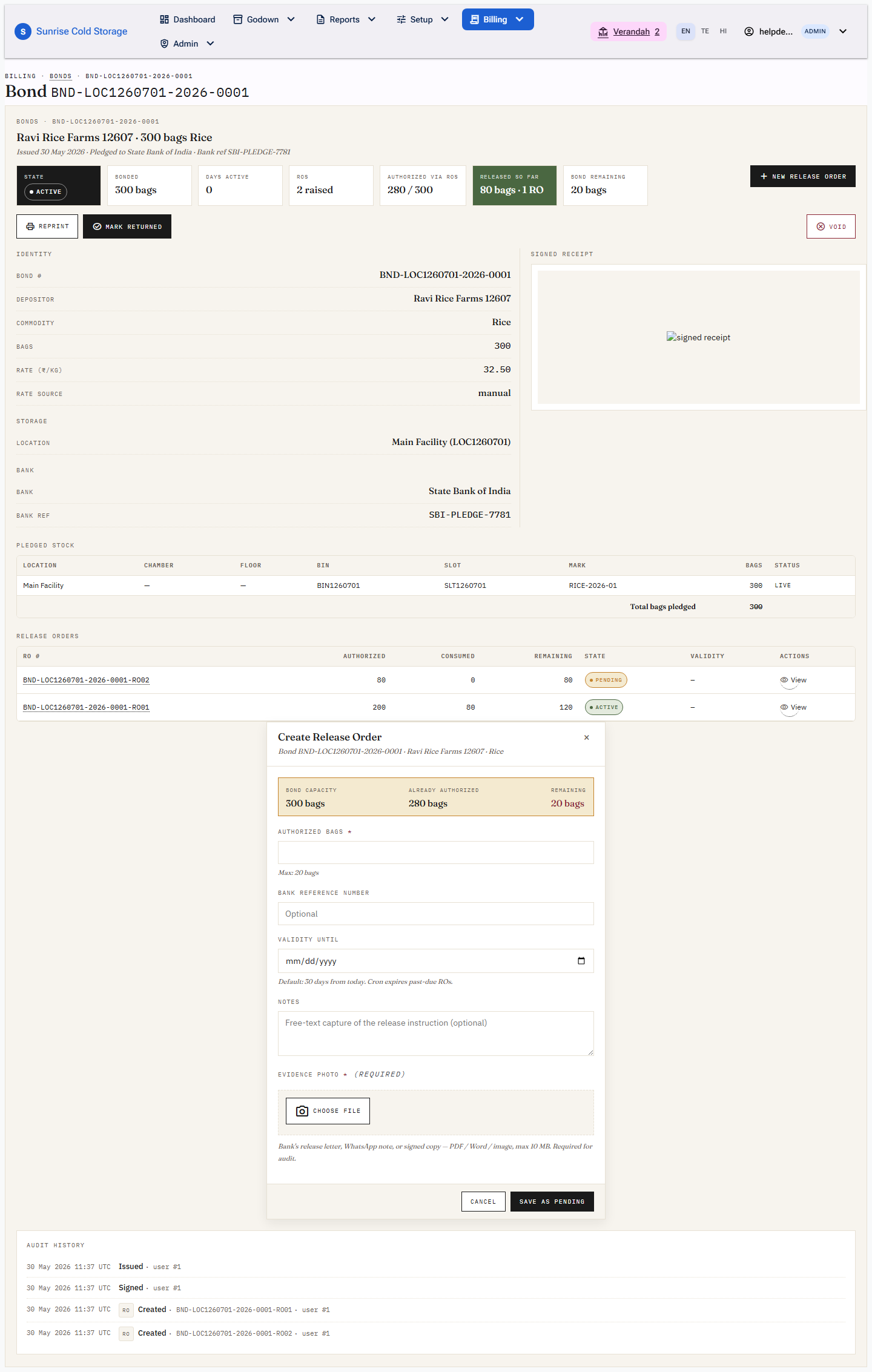 New Release Order modal opened from the bond detail page