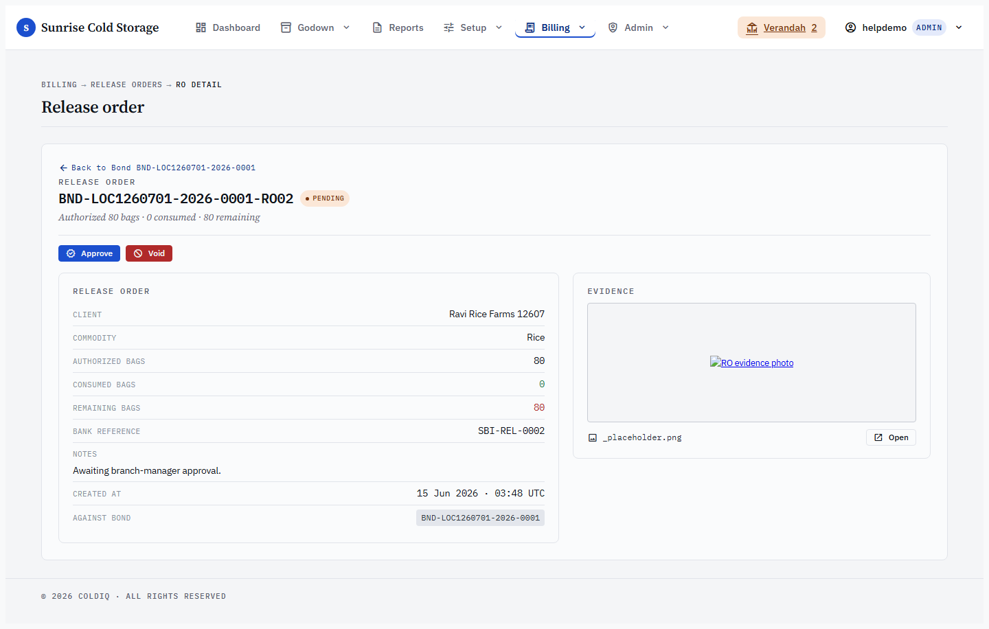 Pending Release Order with the Approve action available
