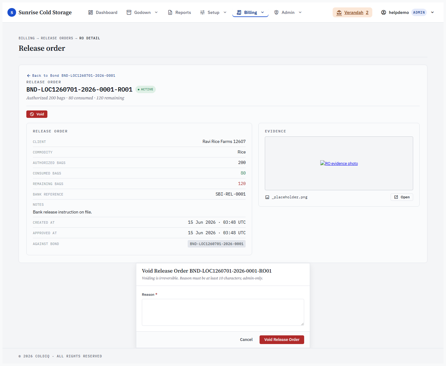 Void Release Order confirmation modal
