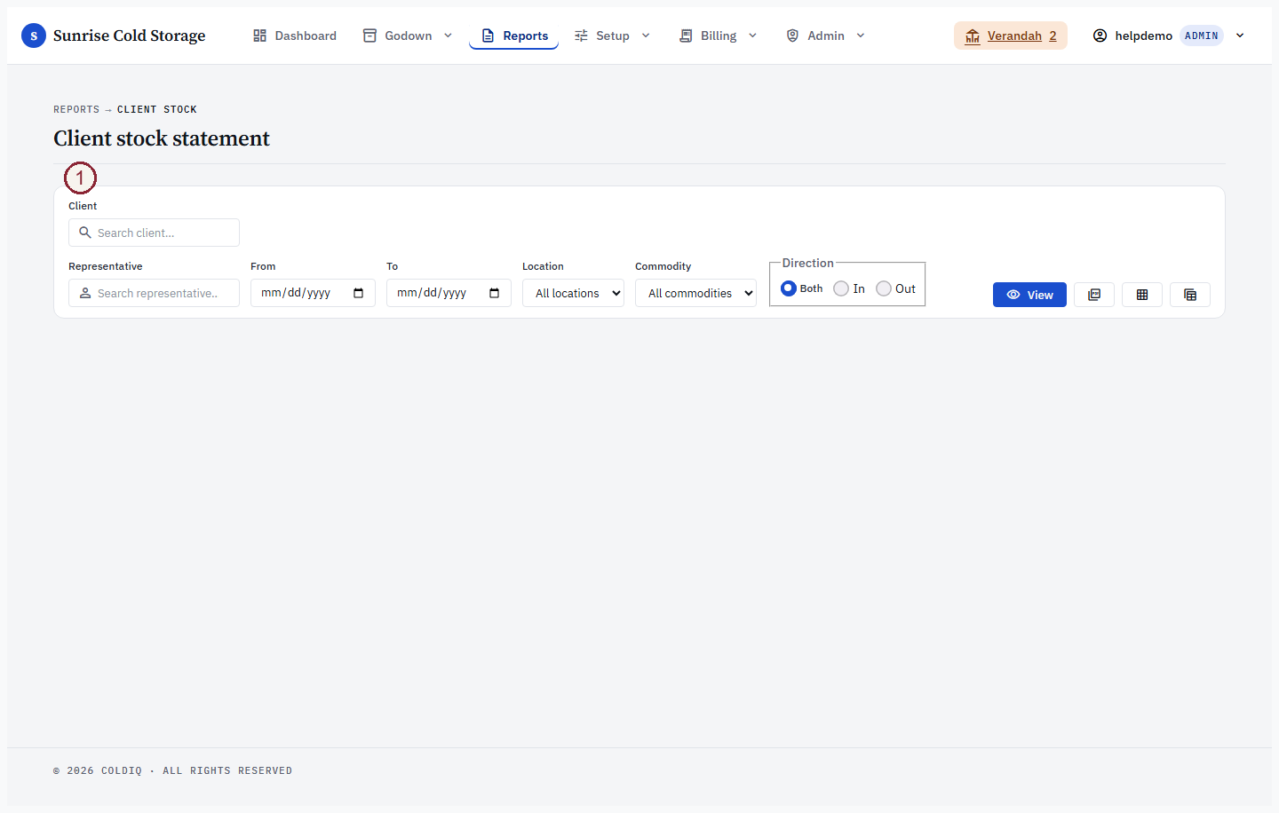 Reports — Client Stock Statement filter strip and parameters