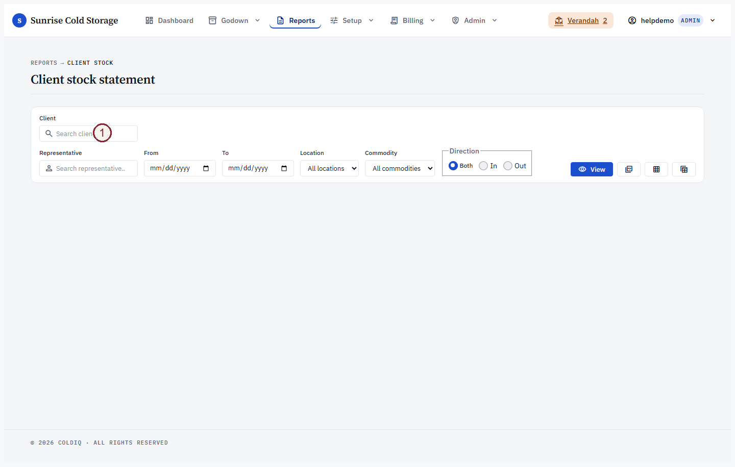 Reports — Client Stock Statement parameters ready to run