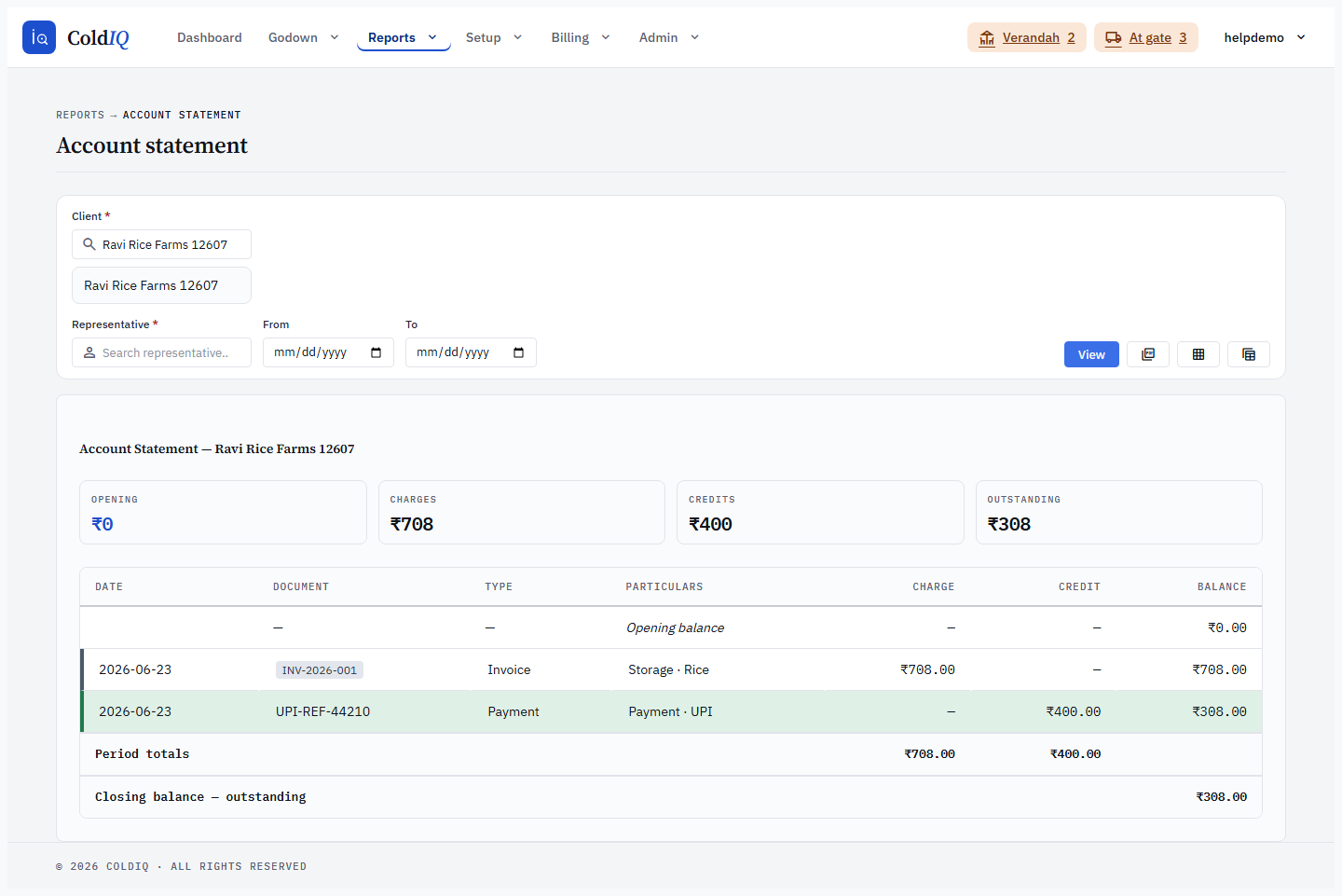 Client Account Statement - running-balance ledger with opening and closing balances