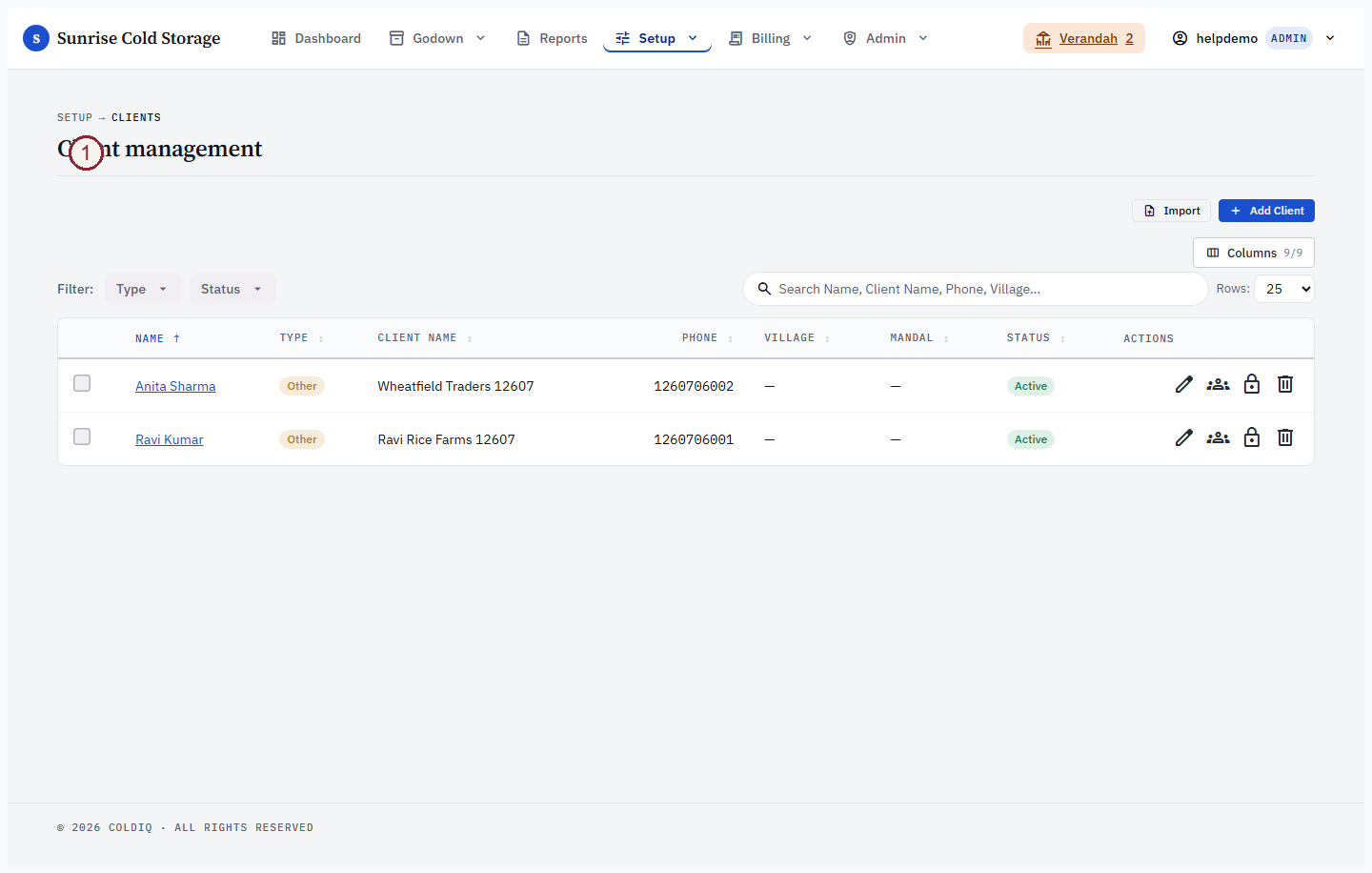 Setup → Clients — depositor list