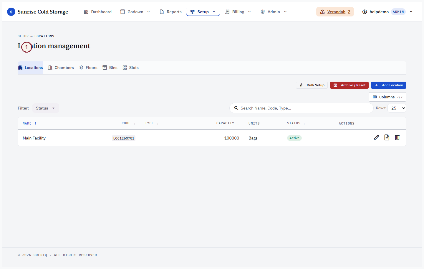 Setup → Locations — facility hierarchy list