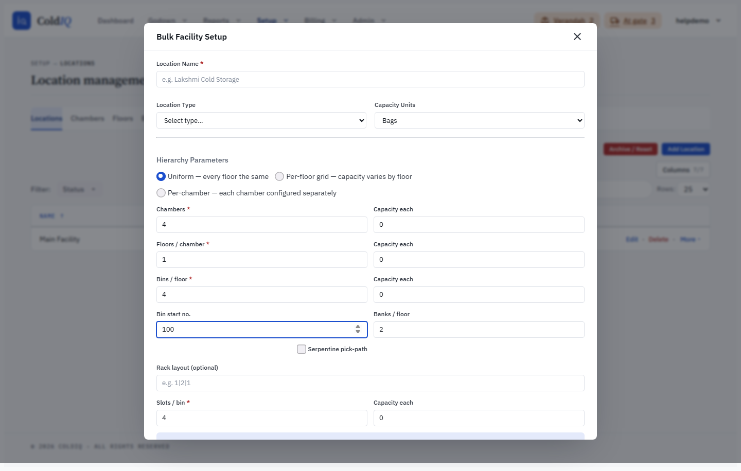Bulk Setup wizard - the per-floor Bin start number field