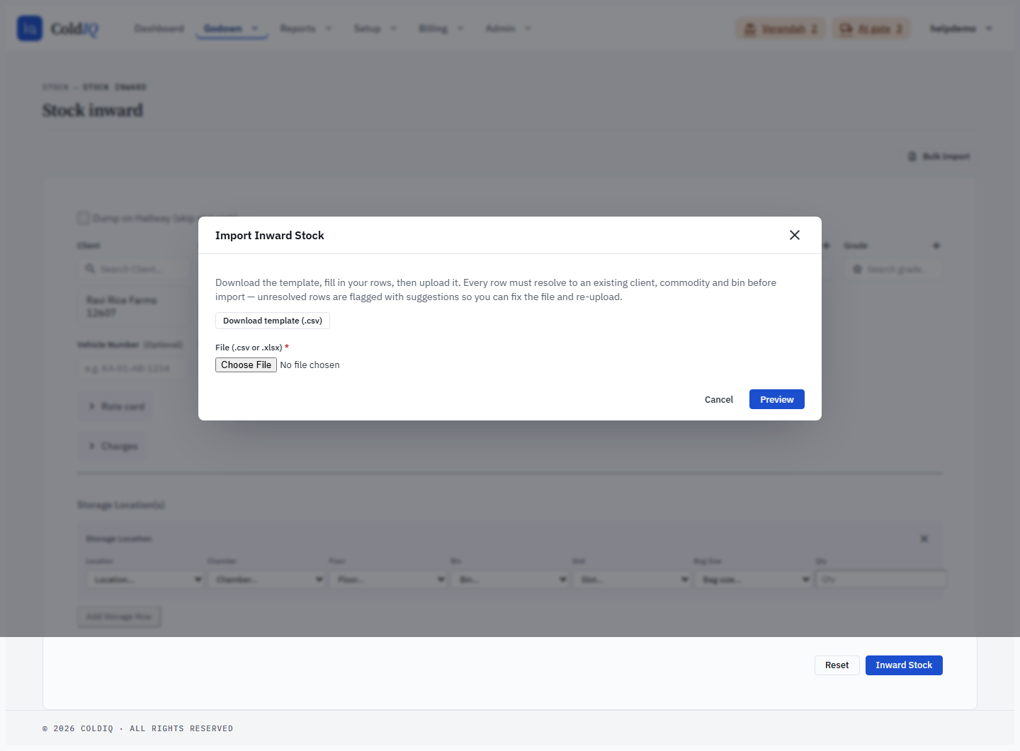 Bulk inward import modal — download template (with the optional floor_code column) and upload