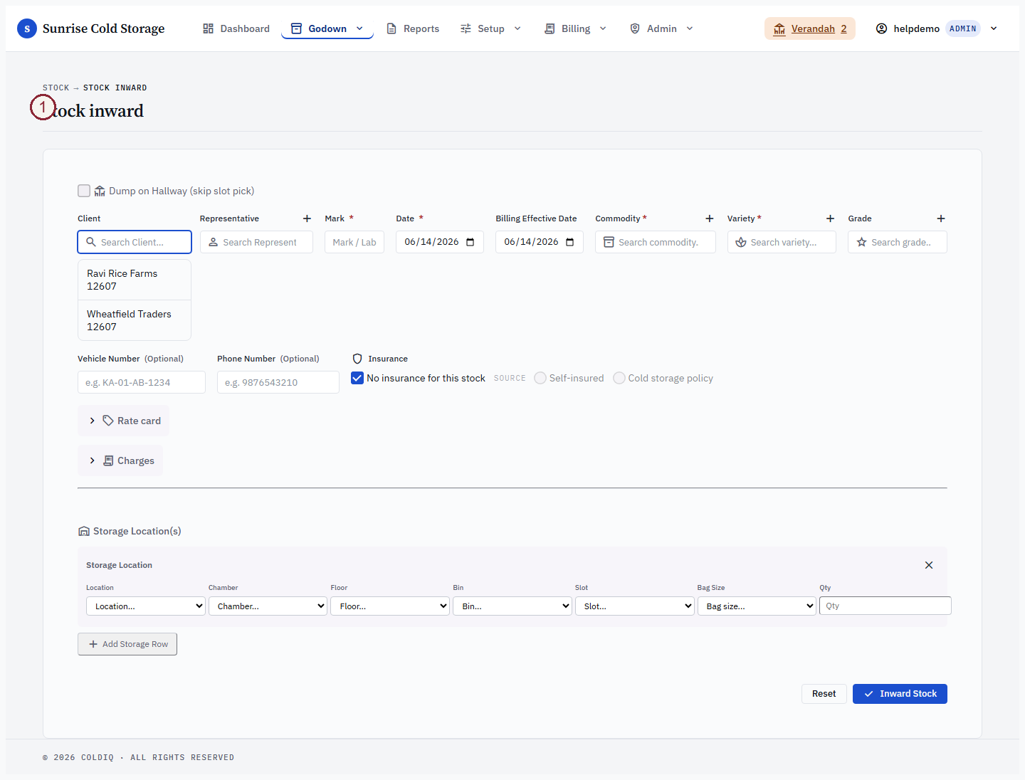 Stock Inward form with recent rows