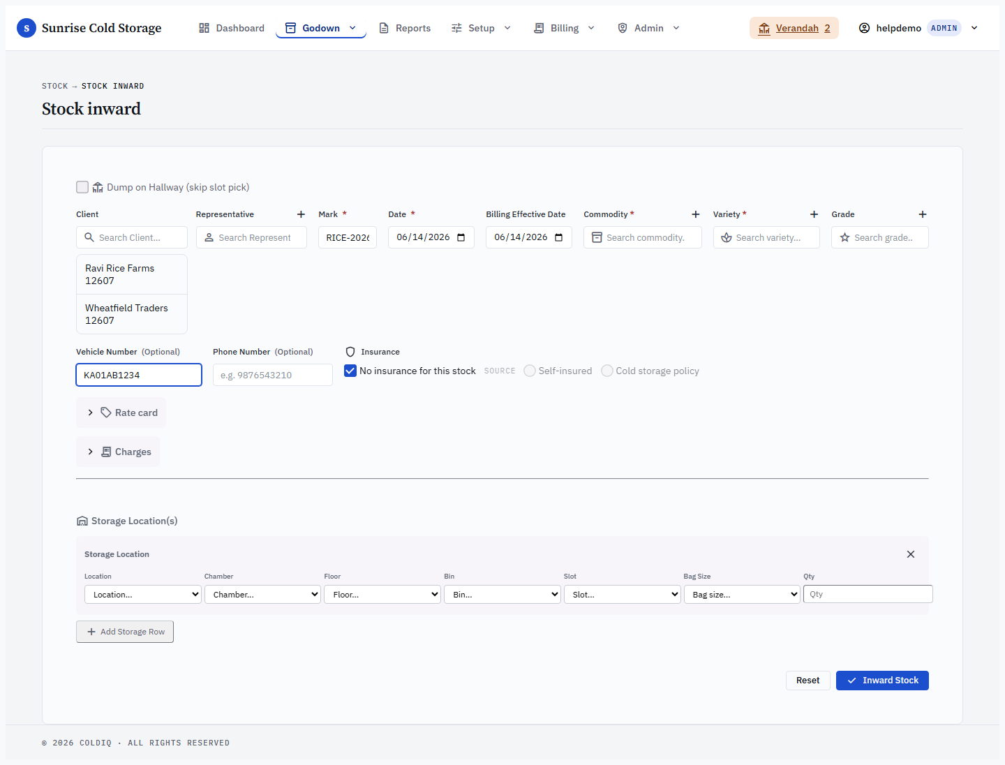 Inward form with client and commodity selected