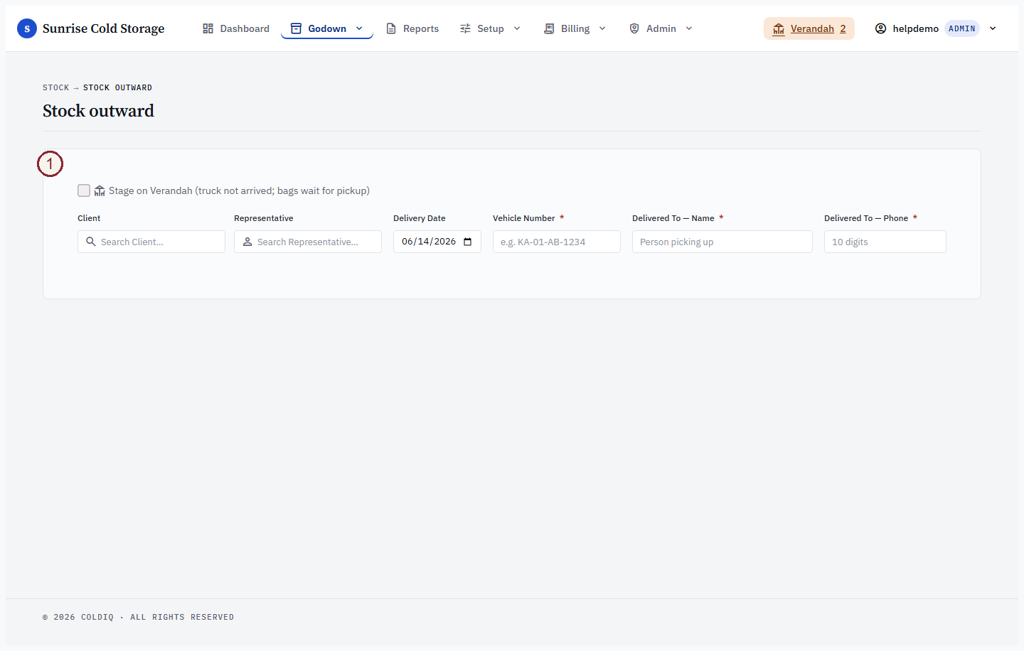 Stock Delivery form — client picker, vehicle, delivered-to fields