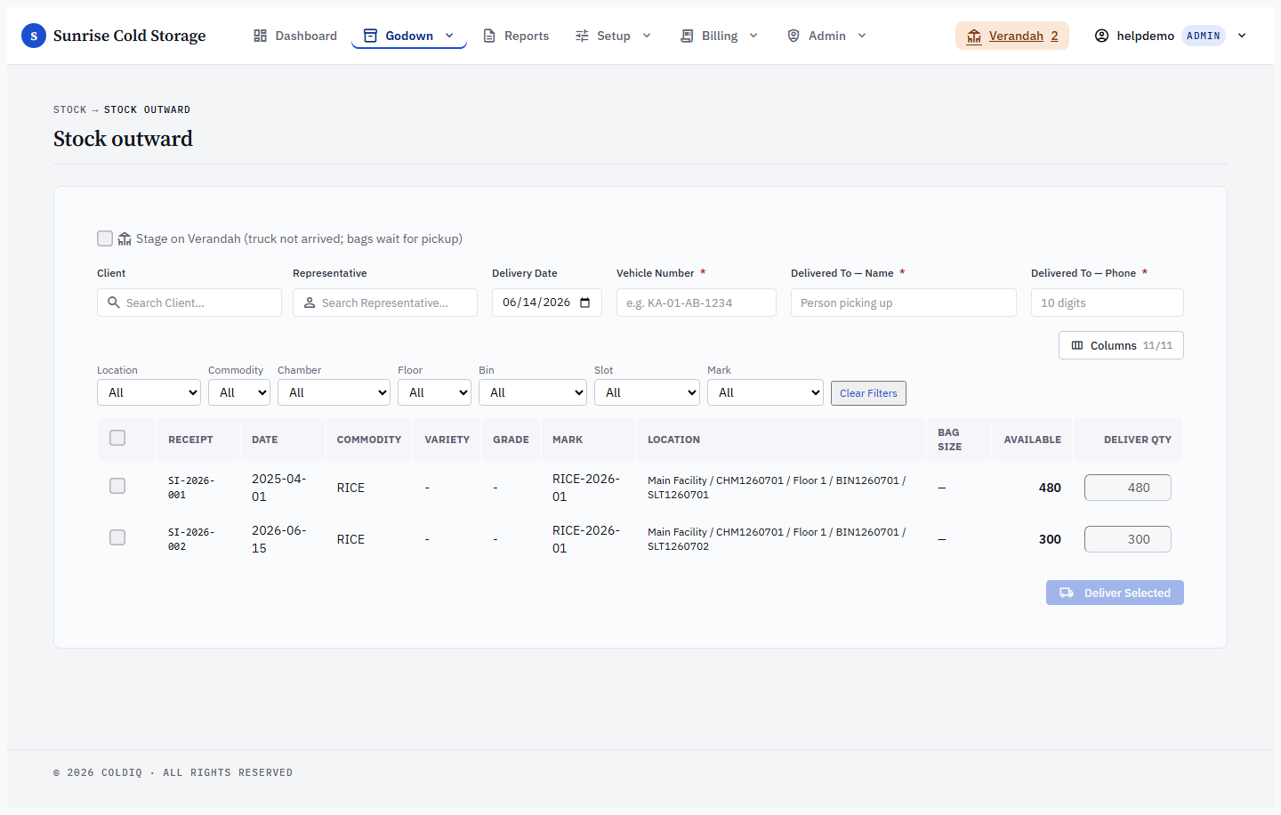 Stock delivery — client selected, inventory loaded