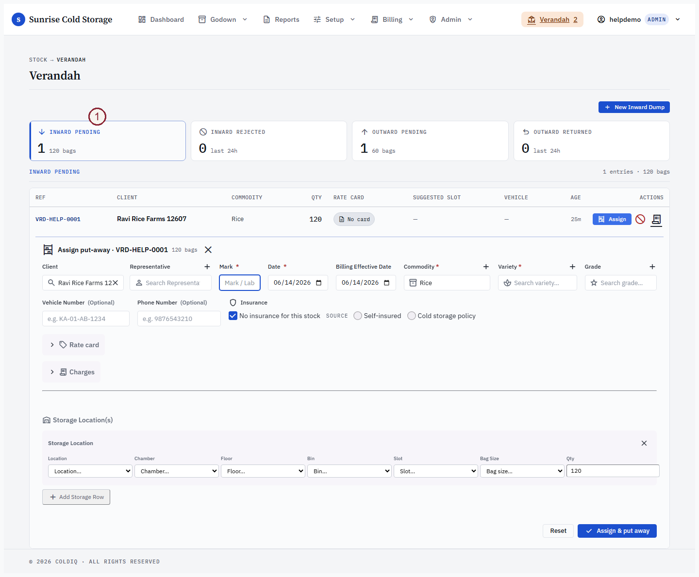 Verandah — the full Stock Inward form expanded inline to assign a hold